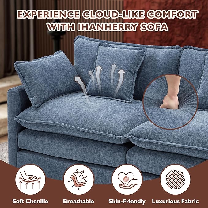 Ihanherry 146" U-Shaped Modern Sofa Modular Sectional Cloud Couch with 2 Ottoman, 6-Seat Chenille Deep Seat Sofa with 6 Pillows for Living Room, Bedroom and Apartment, Blue