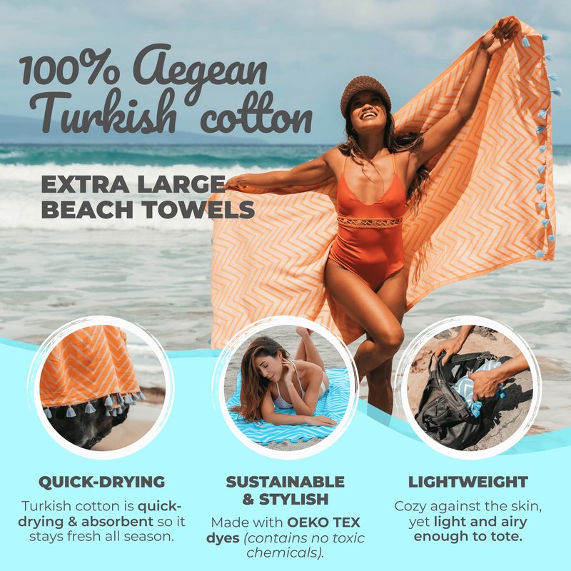 Nova Blue (37 x 69) - Orange Zigzag Beach Towel, 100% Turkish Cotton - Sand Resistant Beach Towels with Unique Designs - Quick Dry Turkish Bath Towels