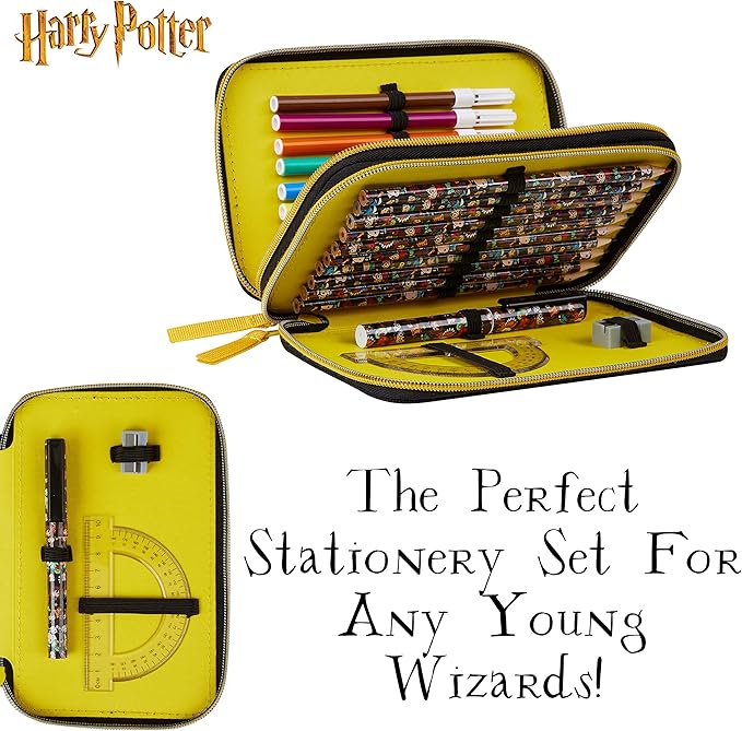 Harry Potter Gifts Pencil Case for Kids, Large Double Zip Organizer Pencil Pouch Filled with School Art Supplies, Stationery Set for Boys and Girls (Black AOP)