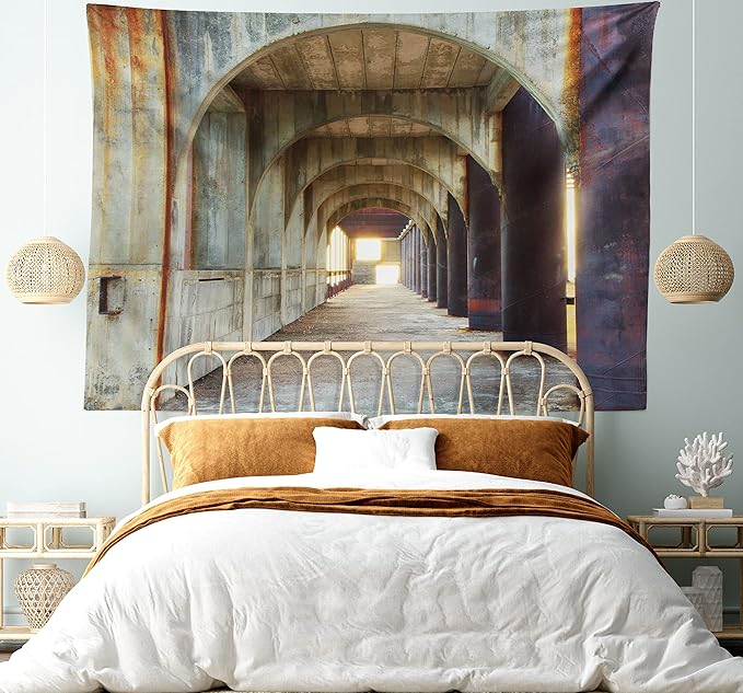 Ambesonne Urban Tapestry, Corridor of Concrete Pillars Structure Urban Industrial Rustic Style Art, Wall Hanging for Bedroom Living Room Dorm Decor, 40" X 60", Brown Purple