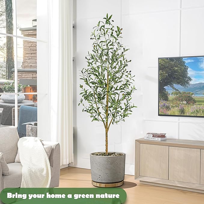 Artificial Olive Tree Artificial Plants, Tall Faux Olive Silk Plant with White Planter Home Office Decor Indoor Fake Potted Tree with Lifelike Fruits Housewarming Gift (1, White, 7FT)