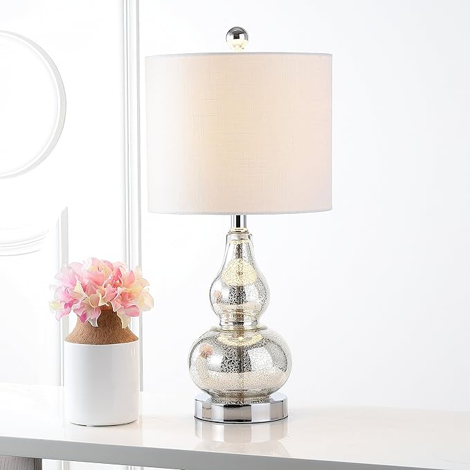 JONATHAN Y 20.5" Mercury Silver Glass Table Lamp, Modern Gourd Bedside Nightstand Lamp for Bedroom, Living Room, White Linen Shade, LED Bulb Included (JYL1028C)