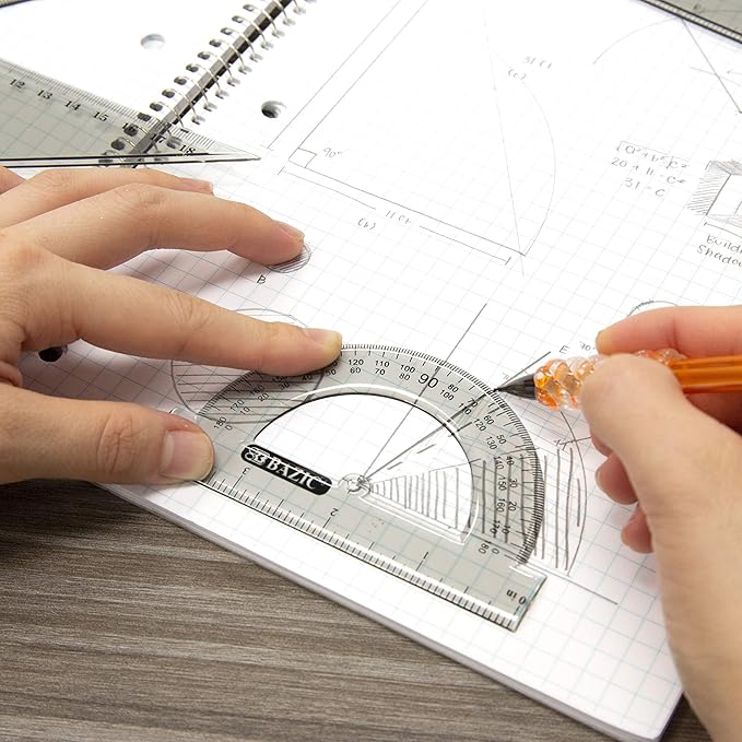 BAZIC Math Geometry Set 5 Pieces, Compass, Protractor, Ruler, 2 Triangle Rulers, Plastic Clear Measuring Sets for Students Professional, 1-Pack