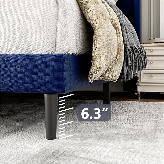 King Size Bed Frame with Upholstered Wingback Headboard, Easy Assemnly Platform Bed, Wooden Slat Support No Box Spring Needed, Navy Blue
