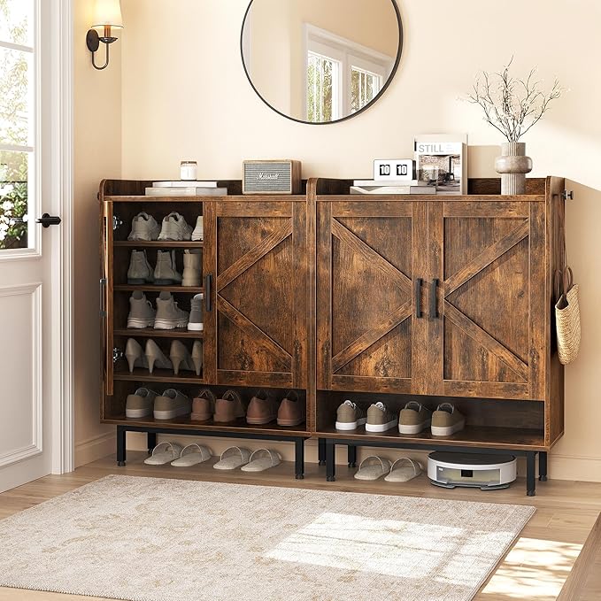 Yaheetech Shoe Storage Cabinet with Doors, Farmhouse Shoe Cabinet with 2 Adjustable Shelves and 4 Side Hooks, Wooden Shoe Rack Organizer Cabinet for Entryway, Foyer, Hallway, Rustic Brown