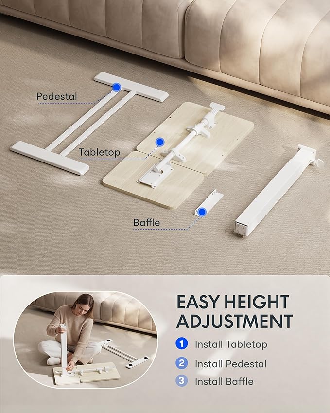 FLEXISPOT Adjustable Height C-Shaped End Table with Split Tilting Top – Mobile Side Table for Sofa & Bedside, Slides Under Furniture, Hidden Wheels for Small Spaces(31.6"W x 15.7"D,White Wood Grain)