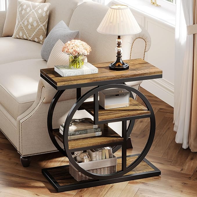 Tribesigns End Table Set of 2, 4-Tier Narrow Side Table with Storage Shelves, Wood Small Sofa Side Table with Geometric Metal Frame, Industrial Bedside Table for Bedroom, Living Room, Rustic Brown