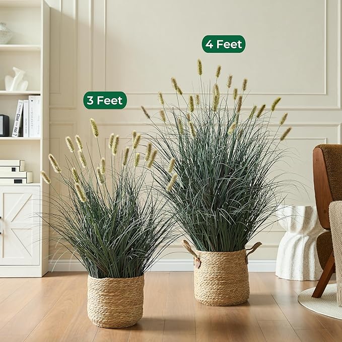 3ft Onion Grass, Extra Lush Artificial Plant and Greenery, Fake Floor Plants Indoor Outdoor, Potted Faux Green Bristlegrass with Yellow Spikes, Horsetail Reed Grass, House Decorative