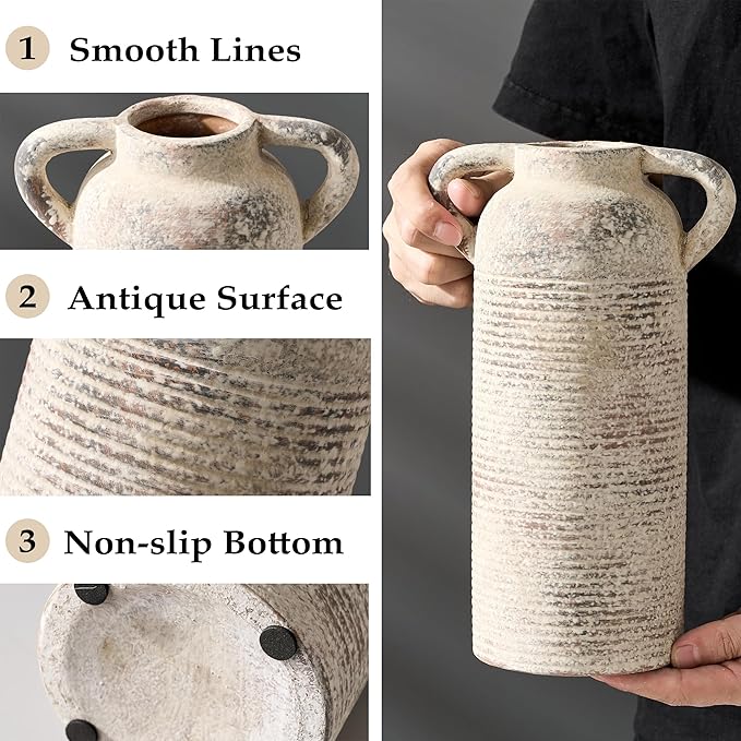 PORCER Ceramic Rustic Vase for Home Decor, Terracotta Vase with Handles, Handcrafted Vintage Decorative Flower Vase for Farmhouse, Living Room, Table, Fireplace, Nightstand