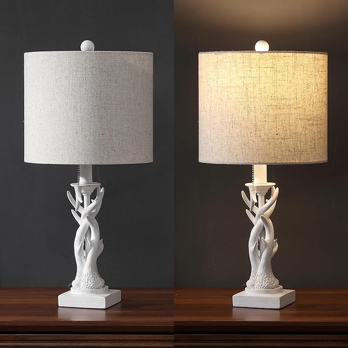 JONATHAN Y 20.5" Antique White Rustic Antler Table Lamp for Bedroom Farmhouse Decor, Mini Faux Antler Desk Lamp with Gray Linen Shade, Lodge Cabin Nightstand Lamp, LED Bulb (JYL1031C)