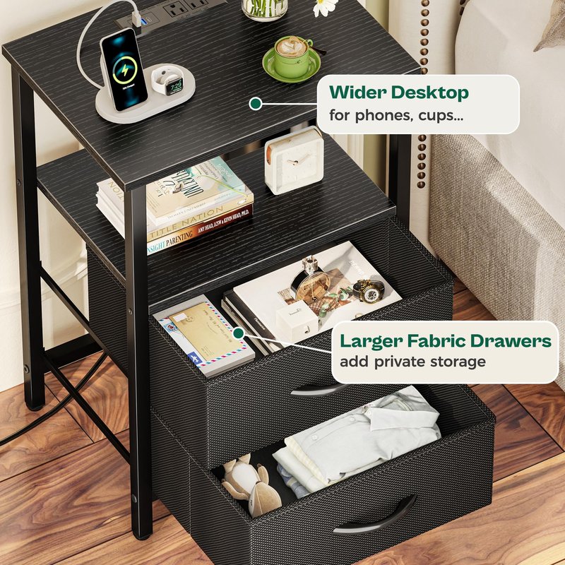 Huuger Night Stand with Charger Station and LED Lights, 2 Drawer Nightstand, Bed Side Table with Open Shelf, End Table, Fabric Drawers for Bedroom, Black