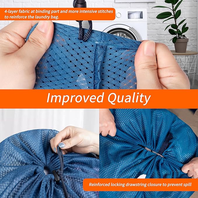Polecasa Extra Heavy Duty Large Diamond Mesh Laundry Bags with Drawstring Closure & ID Tag, 24 x 36 inches Washable Storage Bag for College, Travel, Sports, Dorms, Blue
