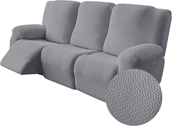Genina Recliner Sofa Covers - Stretch Reclining Couch Covers with Stripe Jacquard - 3 Seat Cushion Slipcovers with Soft Fabric - Furniture Protector for Pet Kid (Light Gray)