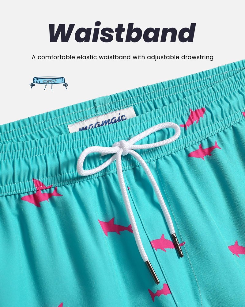 maamgic Mens Swim Trunks with Compression Liner 5 Inch, Quick Dry Bathing Suit with Zipper Pockets, Stretch No-Chafing Swim Shorts, SkyBlue-Pink Shark Medium