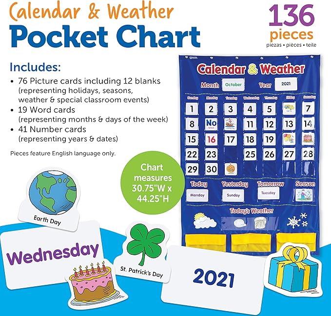 Learning Resources Calendar & Weather Pocket Chart - Classroom Must Haves, Teacher Supplies, Back To School, Daily Routine For Kids, Kindergarten and Homeschool Essentials, Vocabulary Flash Cards