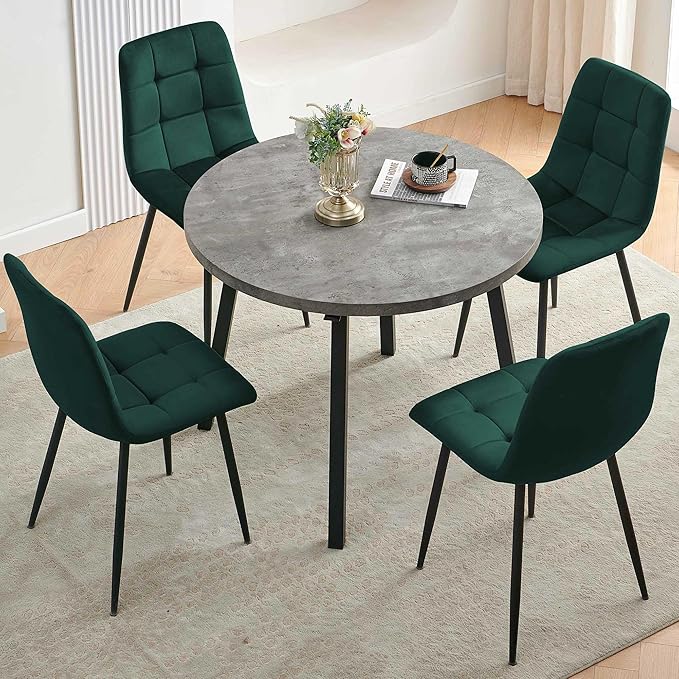 5 PCS Dining Room Table Set, Grey Kitchen Table with Hooks for Hanging, Thick MDF Tabletop, 4 Dark Green Velvet Living Room Chairs