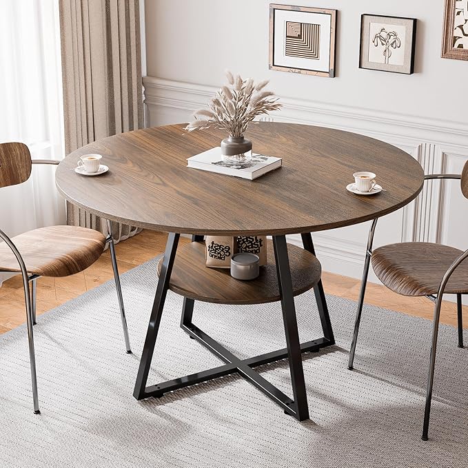 47" Round Dining Table for 4, Kitchen Dining Table with Storage, Wood Circle Dinner Table, Space Saving Dining Room Furniture for Kitchen, Living Room