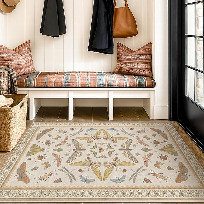 3x5 Washable Non-Slip Bathroom Rug, Colorful Insect Rug for Kids Room - Ultra Soft Low Pile Cottagecore Butterfly & Beetle Pattern for Nature-Inspired Home Décor