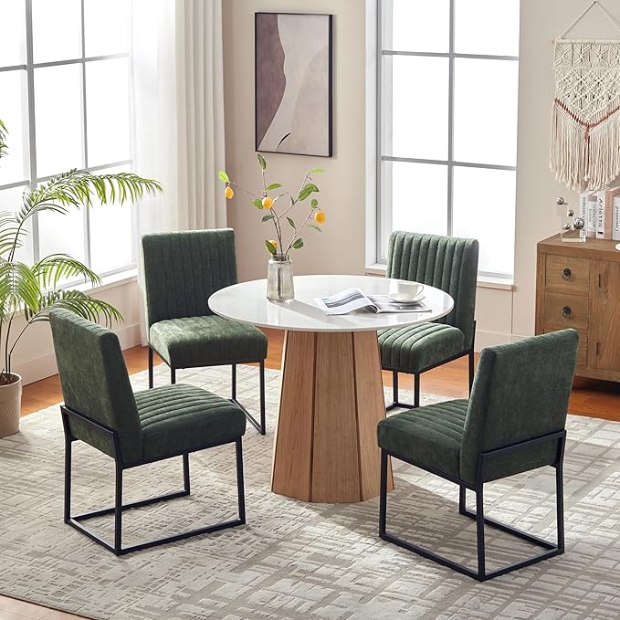 VKNOW Upholstered Dining Chairs Set of 4, Modern Dining Room Chairs with Stripe, Linen Kitchen Chair Dinner Chair with Black Metal Base for Kitchen Office, Green