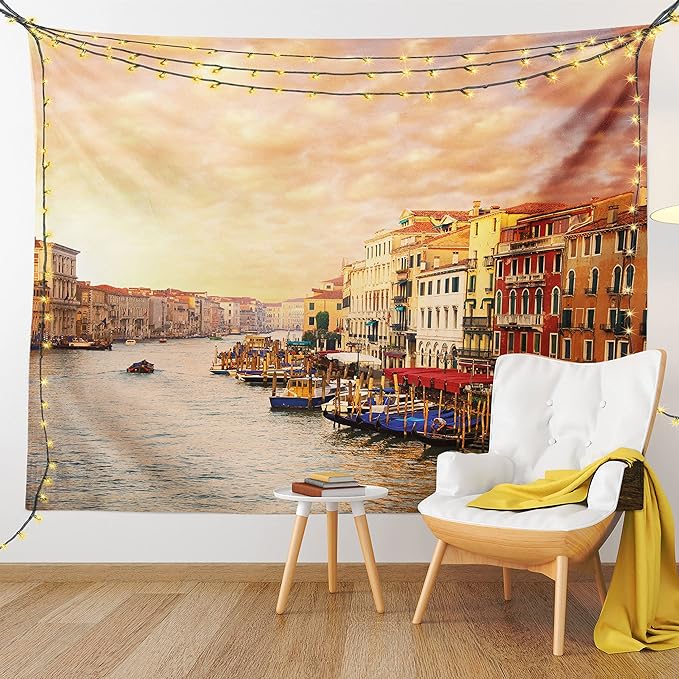 Ambesonne Scenery Tapestry, Venezia City Italian Landscape with Old Houses Gondollas and Spikes Image, Fabric Wall Hanging Decor for Bedroom Living Room Dorm, 45" X 30", Orange Yellow