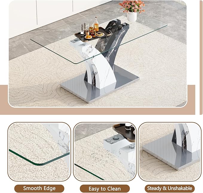 Glass Dining Table Set for 4, 63” Kitchen Table Set for 4, Modern Dining Room Table Set with Upholstered Chairs, Tempered Glass Tabletop with Y Shape Base