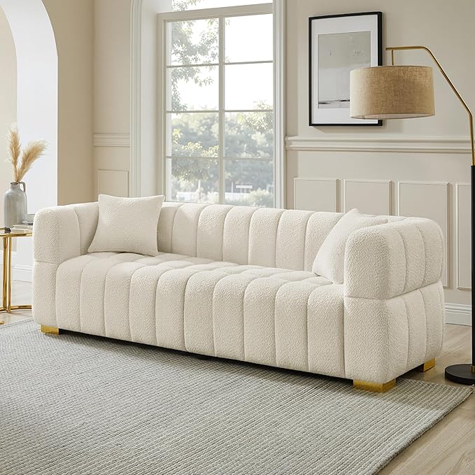 VANOMi Sofa and Chair Set, Modern Deep Seat Couch & Boucle Sofa Chairs, Oversized Upholstered Couch Sets for Living Room, Bedroom, Office, Apartment, White (2 Pieces)