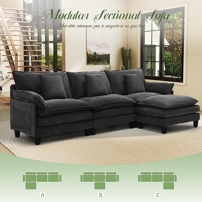 Modular Sectional Sofa, Comfy Cloud Couch with Movable Ottoman, Deep Seat Couches for Living Room, Bedroom and Apartment, 106" L Shaped Modern Sofa with Pillows, Black