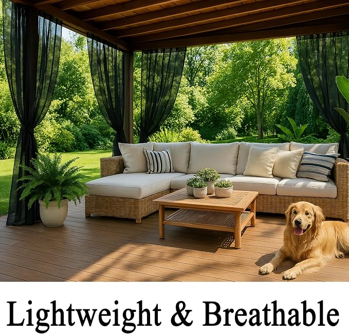 Extra Wide Outdoor Curtains Waterproof Black Voile Mesh Screen Lightweight