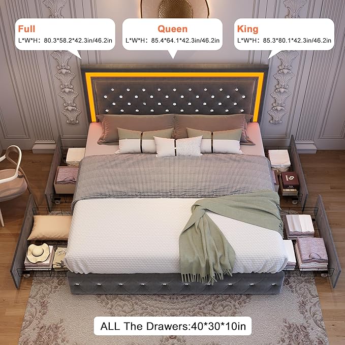 King Bed Frame with LED Lights, Storage Drawers, No Box Spring Needed, 900 lbs Capacity, Easy Assembly, Velvet Grey
