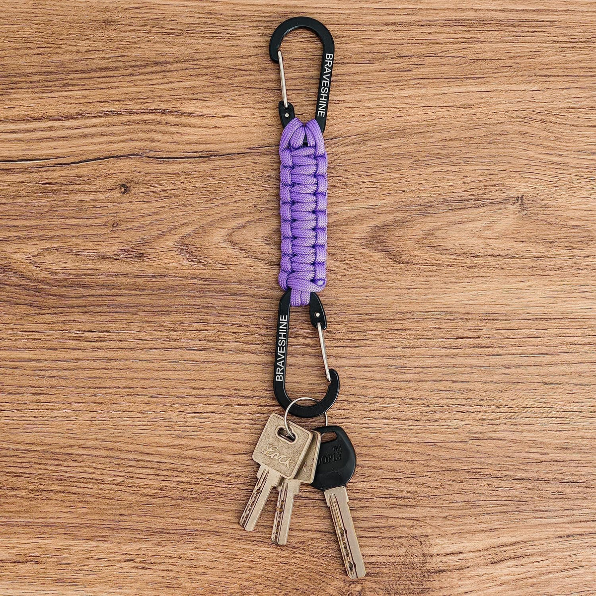 BRAVESHINE Carabiner Keychain Hook with Paracord Strap - 1 Purple 1 Orange D Ring Key Clips Para Cord Lanyard Hanger Stroller Hooks for Water Bottle, Belt Loop Keys, Backpacks, Boys, Girls, Men, Women