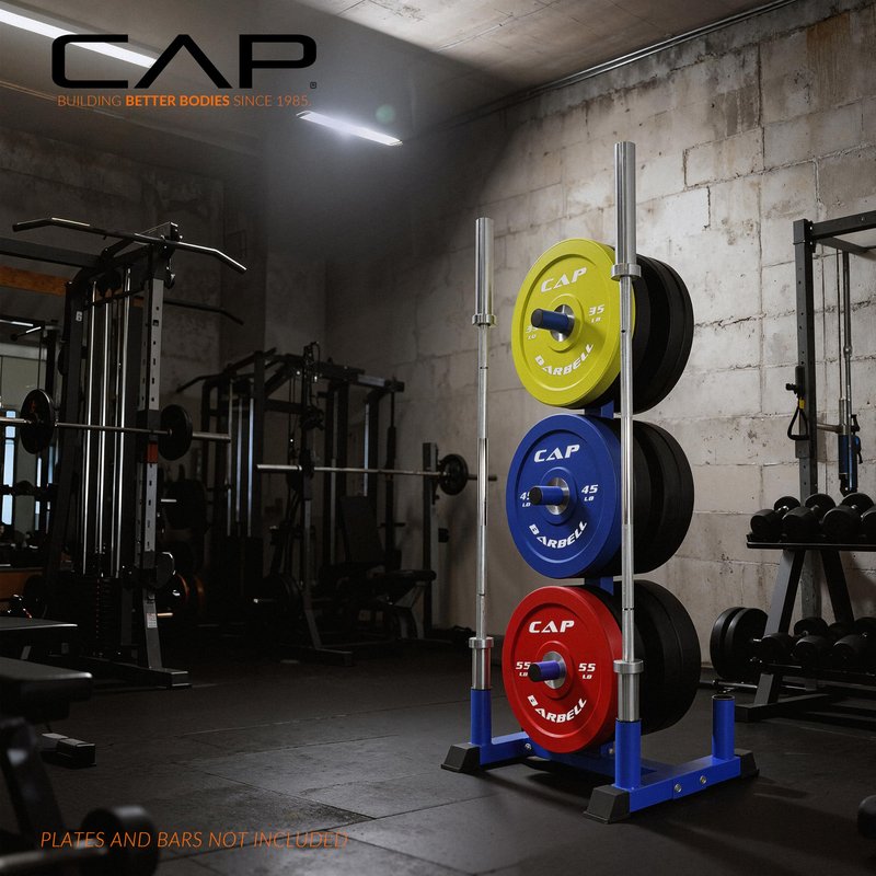 CAP Olympic Bumper Plate Tree Rack with 6 Weight Plate Posts & 4 Barbell Holders, Heavy-Duty Steel Plate Storage Rack for Home Gym, Black, 660 lb Capacity