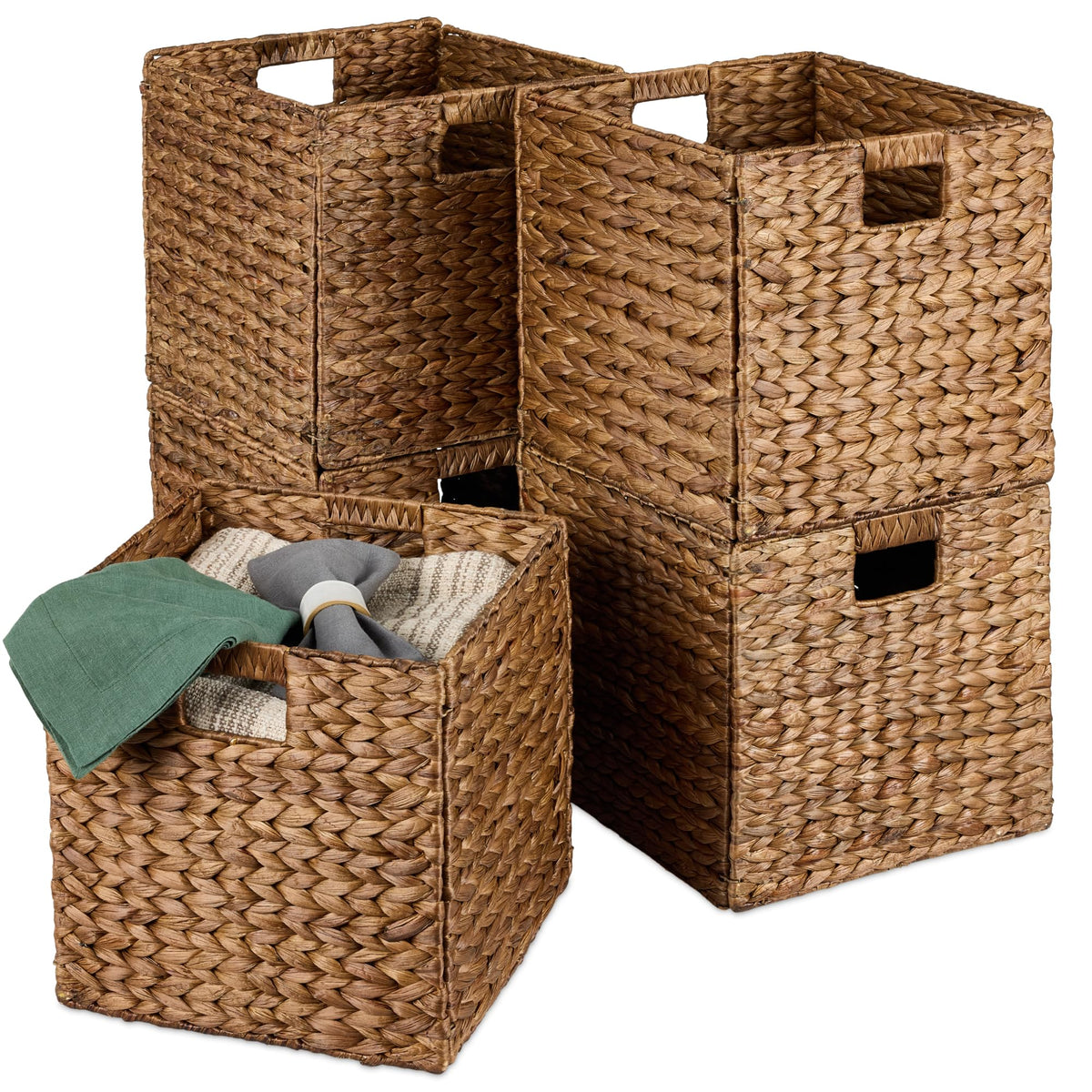 Best Choice Products 10.5x10.5in Pack of 5 Cube Storage Baskets, Water Hyacinth Multipurpose Collapsible Organizers, Handwoven Laundry Totes for Laundry, Living Room, Kids Room & Nursery - White