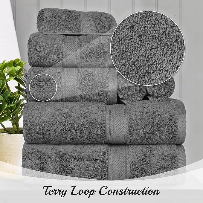 Superior Egyptian Cotton Pile Bath Towel Set of 2, Ultra Soft Luxury Towels, Thick Plush Essentials, Absorbent Heavyweight, Guest Bath, Hotel, Spa, Home Bathroom, Shower Basics, Charcoal
