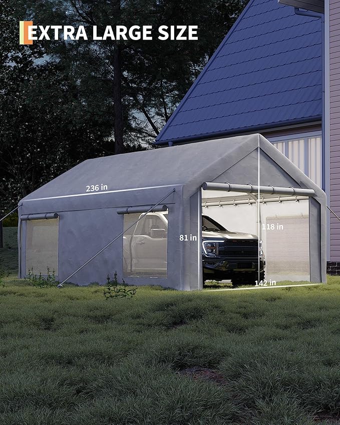 Heavy Duty Carport Canopy 12x20 FT Outdoor Storage Shed – Portable Metal Garage Tent Shelter with Removable Sidewalls & Doors, Car Boat Truck Cover for Driveway, RV, Motorcycle,White