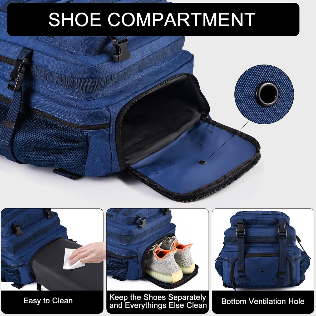 LHI Military Tactical Backpack for Men and Women 50L Army 3 Days Assault Pack Bag Large Rucksack with Shoe Compartment - Blue