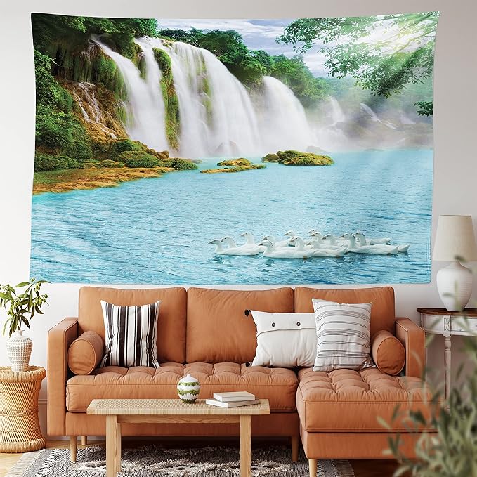 Ambesonne Waterfall Tapestry King Size, Image of a Grand Waterfall with Swans in the Lake Sunny Day Nature Print, Wall Hanging Bedspread Bed Cover Wall Decor, 104" X 88", White Green
