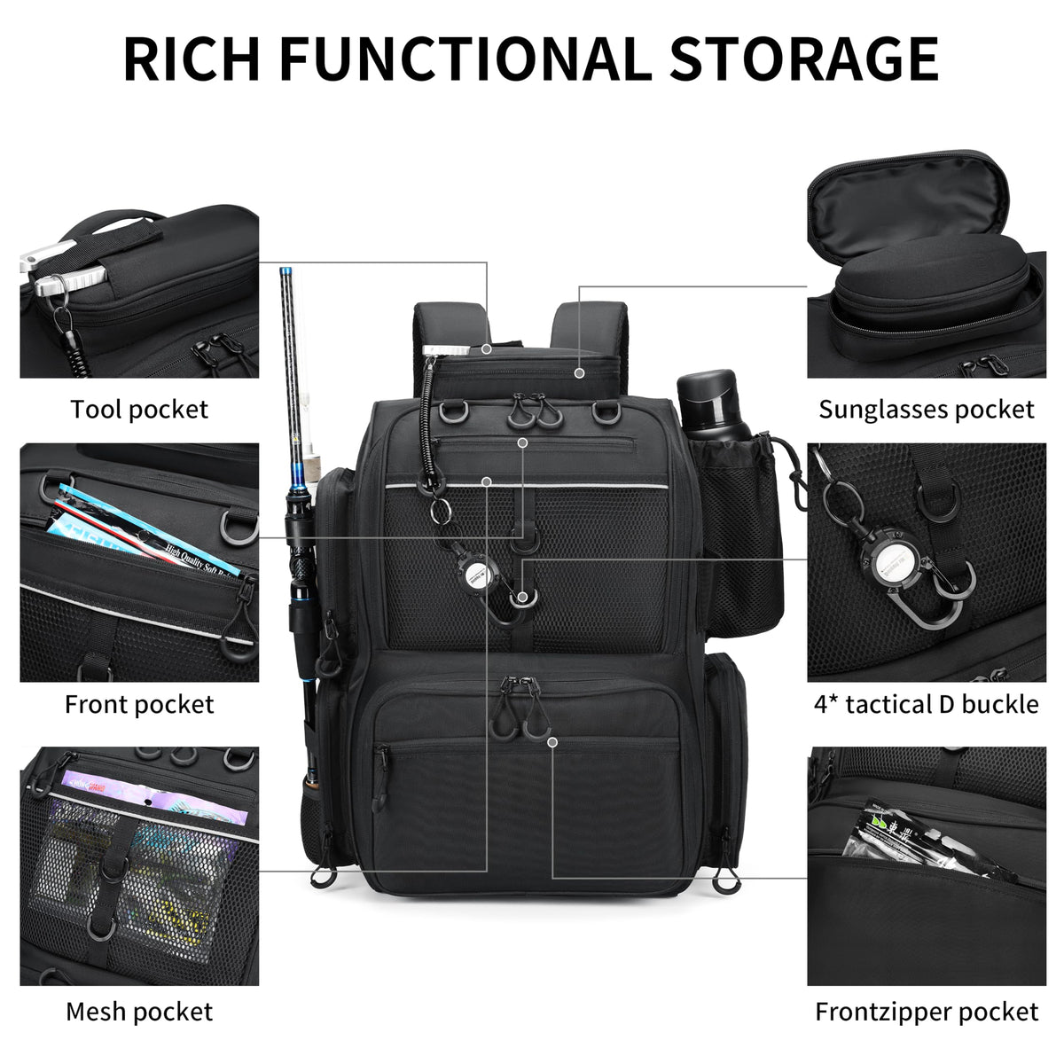 Rabjen Fishing Tackle Backpack with Rod Holders, Bottle Holder, Storage Bag Store Fishing Gear