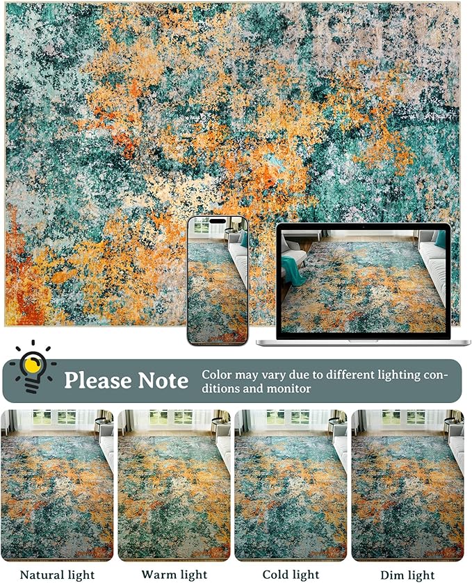 Washable Area Rug for Living Room: 5x7 Modern Abstract Neutral Soft Rug for Bedroom Dining Room No Slip Low Pile Carpet for Nursery Home Office - Teal/Orange