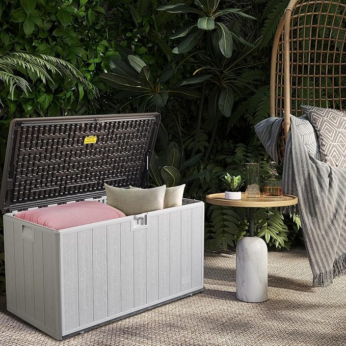 110 Gallon Pro Outdoor Storage Box, Waterproof Resin Deck Box for Patio, Pool, and Garden, Lockable Bin for Cushions, Tools, and Accessories, UV-Resistant, Grayish Brown
