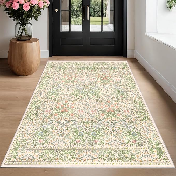 Light Beige Green Living Room Rug, 6x9 Washable Area Rug for Kids Room, Bedroom, Nursery Room, Living Room, Dining Room, Low Pile Non-Slip - Vintage Design & Stain Resistance
