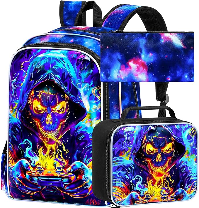 KLFVB 3PCS Bookbag for Boys, 17" Kids Gaming School Backpack and Lunch Box, Water Resistant Backpack for Teenagers Middle Elementary - Skull Game