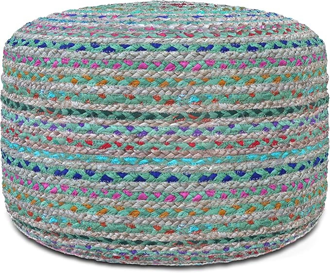 SIMPLIHOME Margo Round Pouf - 20 inch Wide Handwoven Jute and Cotton Braided Ottoman in Green, Boho-Style Footstool or Extra Seating for Living Room or Bedroom with Polystyrene Bead Filling, Assembled
