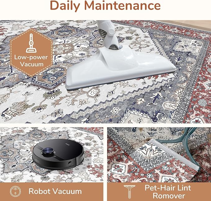 OPPODREAM Thin 6x9 Area Rugs, Washable Rug 6x9 with Non Slip Backing, Faux Cashmere Low-Pile 6 x 9 Carpet, Red & Grey