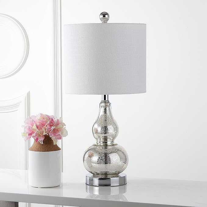 JONATHAN Y 20.5" Mercury Silver Glass Table Lamp, Modern Gourd Bedside Nightstand Lamp for Bedroom, Living Room, White Linen Shade, LED Bulb Included (JYL1028C)