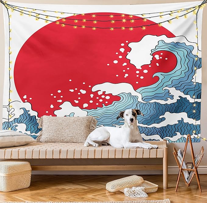 Ambesonne Japanese Wave Tapestry, Big Red Sun Setting Scenery Tropical Nautical Tsunami Swirls, Fabric Wall Hanging Decor for Bedroom Living Room Dorm, 30" X 45", Red Blue White