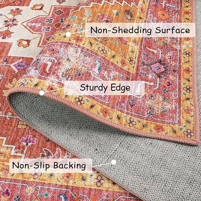 Moynesa Ultra-Thin Washable Rug - 2'6" x 10' Pink Long Hallway Carpet, Vintage Non Skid Non Shedding Low Pile Bedroom Mat for Girl's Room, Bathroom, Kitchen
