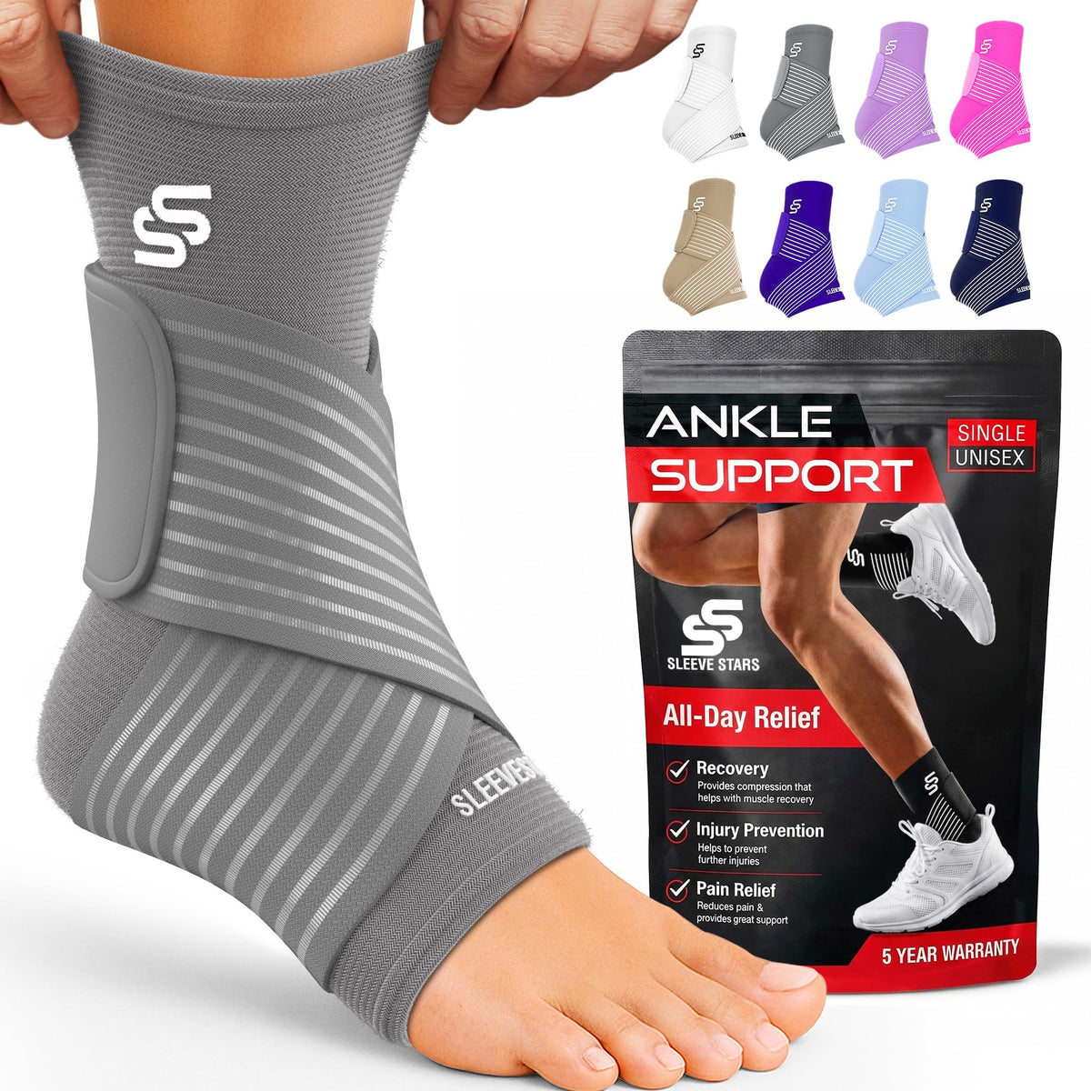 Sleeve Stars Ankle Brace for Women & Men, Ankle Wrap for Sprained Ankle, Compression Sleeve for Plantar Fasciitis Relief, Easy Customizable Support: w/Removable Strap (Single/S:9"-10"/Gray)