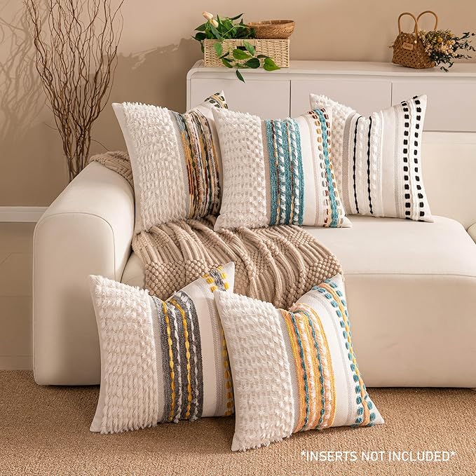 KOOLIFE Fall Boho Chenille Tufted Couch Throw Pillow Covers 18x18 Inch Set of 2 Farmhouse Striped Decorative Pillow Covers Accent Neutral Pillowcase Yellow Teal Cushion Cover for Living Room Sofa Bed