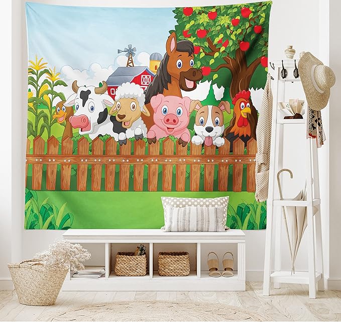 Ambesonne Cartoon Tapestry King Size, Composition Farm Animals on Fence Comic Mascots Dog Cow Horse Design, Wall Hanging Bedspread Bed Cover Wall Decor, 104" X 88", Green Multicolor