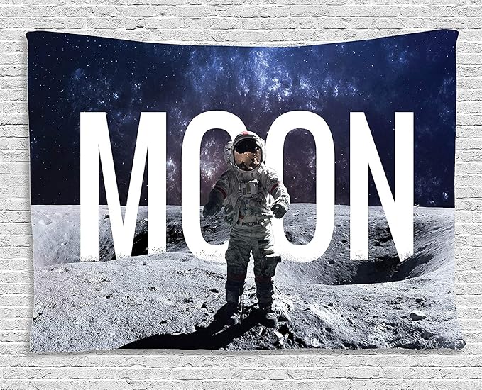 Ambesonne Outer Space Decor Tapestry, Astronaut on a Foreground of Giant Moon Lettering Big Bang Mars Unvierse and Galaxy Themed Print, Wall Hanging for Bedroom Living Room Dorm, 80" X 60", Grey Blue